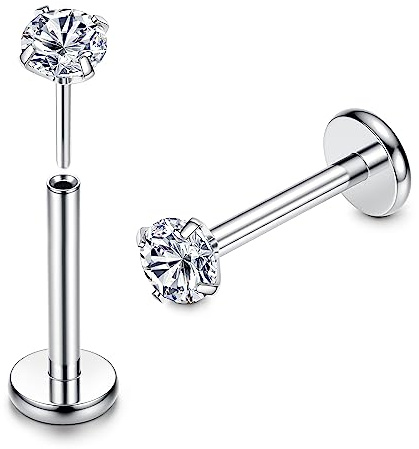 ADRAMATA 2Pcs G23 Titanio Piercing Orecchio Trago Piercing Naso Brillantino | Piercing Labbro Senza filo,Medusa Labret Piercings Piccolo,CZ Opale Orecchio Donna Argento,Piercing Helix Trago