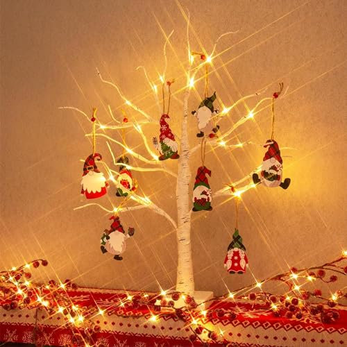 Eambrite 2FT Twig Tree With Lights, Christmas Gonk Decorations, 24LEDs Small Birch Tree With Gnome Ornaments, Battery Operated Indoor Timer for Xmas Home Party Decor