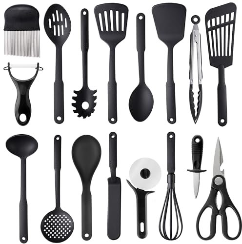Kitchen Utensils Set, TJ POP 17 Pieces Nylon Cooking Utensils Set, Heat Resistant & Non-Stick Kitchen Tools, BPA Free Dishwasher Safe Kitchen Gadgets Accessories for Cookware, Black