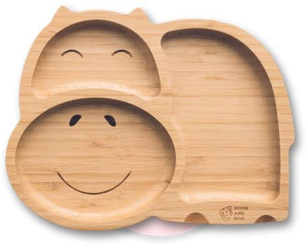 Moon and Moo Hippo Bamboo Suction Plate for Kids, Toddlers and Baby Weaning - Non-Toxic – Plastic Free - Stay Put - Baby Suction Plate - Baby Weaning Set