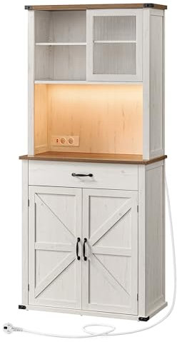 VASAGLE Armario con Luces y Cargador, Armario de Cocina, con Puertas y Cajones, 39,5 x 80,4 x 180,6 cm, Estantes Ajustables, Estilo Rústico, Blanco Rústico y Marrón Miel BBK363W22