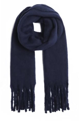 FASHION YOU WANT Damen Web Strickschal UNI FARBEN und langen dicken Fransen, warmer Winter, Stola (UNI dunkelblau)