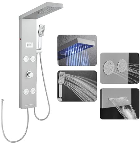 ROVOGO Duschpaneel ohne Armatur, Dusche Paneel mit LED und Temperaturanzeige, 4 Funktionen - Regendusche, 4 x Massagedusche, 3 Strahlarten Handbrause und Wasserfall Wanneneinlauf, Duschsäule Edelstahl