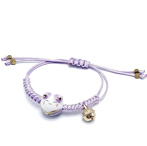 CUSIOALQQ Bracelet porte-bonheur mignon en céramique avec motif chat et perles tressées porte-bonheur pour fille, bracelet à breloques simple en céramique, bijou tressé pour femme, violet