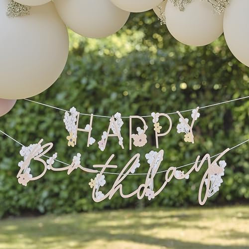Ginger Ray Blumen-Banner mit Buchstaben „Happy Birthday, Girlande, Wimpelkette, Hängedekoration, 1,5 m Pastel