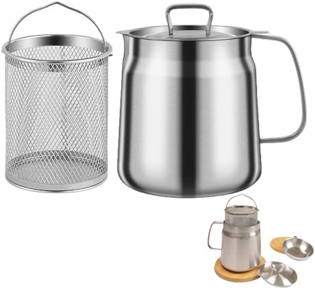 Olla de filtro de aceite de acero inoxidable con colador para cocina, acero inoxidable 304, gran capacidad, versátil freidora de aceite y vaso de filtro (1,5 L)