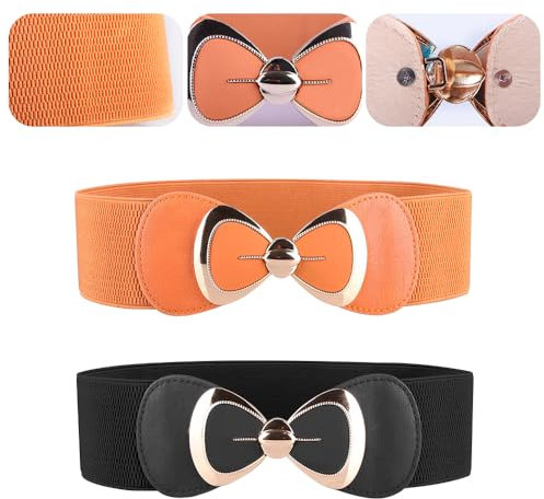 Kleemeiero 2PCS Ceintures Elastiques pour Femmes Large Ceinture Extensible Ceinture Femme pour Robe Ceintures de Taille Elastiques Ceinture Large Elastique avec Boucle en Métal avec Nœud pour Robe
