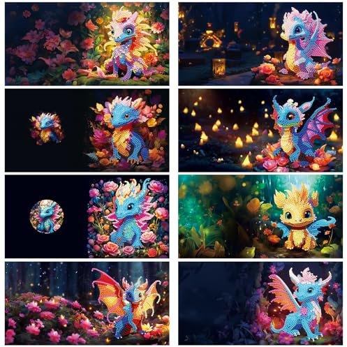 CXINLky 5D DIY Diamond Painting Karten, 2024 Neuheiten Diamond Painting Karten, 8 Stuck Diamond Painting Karten Geburtstag, Geschenkkarte Feiertags für Familie, Liebhaber-03-Flugsaurier