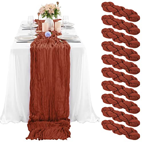 10 Stück Terrakotta-Käsetuch-Tischläufer, 3 m, Gaze-Tischläufer für Hochzeitsempfang, transparente Brautparty, Geburtstagsparty, Boho-Tischdekoration, rustikaler romantischer Hochzeitsläufer