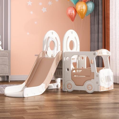FUKEA Kids Bus Slide, Large Children Slide with Climbing Frame Basketball Hoop for Toddlers Age 1-3, Baby Freestanding Slides Indoor Outdoor Use, Garden Slides(Beige Coffee)