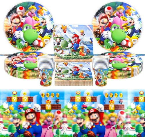 Partygeschirr Geburtstagsdeko Set- 51PCS Super Bro Pappteller Kindergeburtstag Mari Partygeschirr Geburtstagsdeko Party Tableware Supplies Kit mit Teller Tischdecke Servietten Tassen für Jungen Kinder