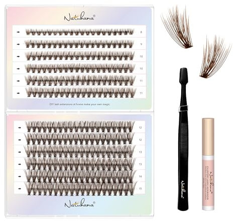 Natuhana Faux Cils Individuel DIY 240Pcs Naturel Extension de Cils Kit C Curl 8-16mm Bouquet Volume Russe avec Colle et Pinces