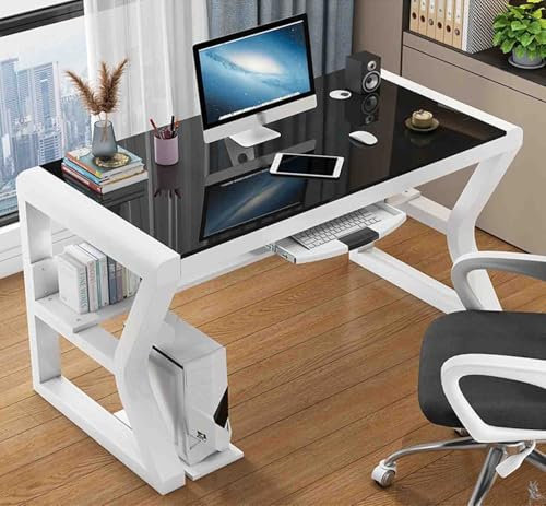 Escritorio de cristal para juegos, moderno escritorio para computadora portátil para oficina en casa con mesa de comedor, mesa de oficina profesional y estación de trabajo de estudio, 140 cm