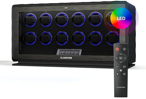 Klarstein LuminousTime Uhrenbeweger für 12 Uhren – Automatik-Uhrenbeweger mit Flüsterleisem Japanischem Motor, LCD-Touchpanel & Fernbedienung, 20 TPD-Einstellungen, RGB & LED-Beleuchtung