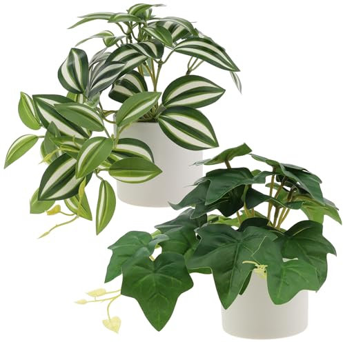 Gresorth Confezione da 2 edera artificiale in vaso, decorazione finta peperomia anguria rampicante da appendere, paesaggio realistico per mensole, soggiorno, matrimoni