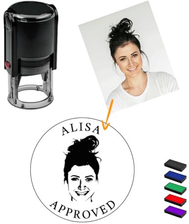 Personalisierter Gesichtsstempel, selbstfärbend, individueller Fotostempel mit Porträt und Text, Lehrer, Schule, Büro, Geschäftsstempel