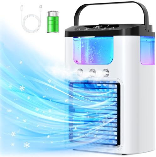 Bidiowe Personal Air Conditioner Fan, 4 IN 1 Portable Air Coolers, Humidifier, Fan, Night Light 3 Speed 600ML Water Tank 7 Color LED Light Desk Cooling Fan for Home Office, Camping, Outdoor