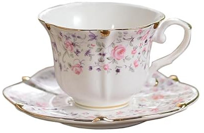 200ML English Porzellan Keramik Kaffeetasse, europäische Art gemusterte Teetasse und Untertasse Set, Retro Luxus Gold getrimmte Nachmittagstee Tasse (Rosa Rosen)