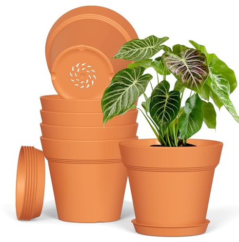 Plastic Plant Pots Indoor Outdoor, 6 Pack 7Inch/17.7CM Plant Pots Flower Pot with Drainage Holes and Tray,Modern Decorative Planter Pot for All House Plants(Terracotta)