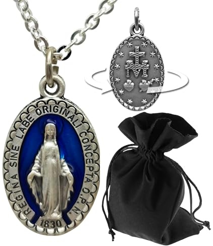 Lunexus Marienanhänger - Silber/Blau, Anhänger 3 cm, Kette 60 cm | Jungfrau Maria Anhänger mit Gravur, Emaille - 60 cm Edelstahlkette - zu Taufe, Kommunion, Firmung - mit Samtbeutel