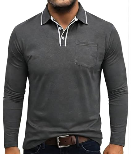 Volemo Mens Polo Shirts Long Sleeve Colour Block Polos Cotton T Shirt Golf Tops with Pocket Regular Fit Grey M