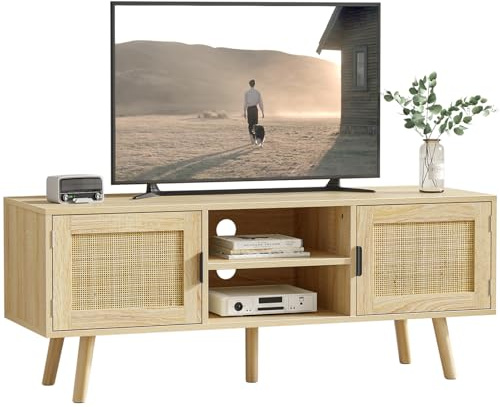 Skokliz TV Stand Cabinet for TVs up to 55inch, Rattan TV Console with 2 Doors and 2 Open Shelves, Boho Media TV Cabinets for Living Room, Farmhouse tv units for for Bedroom, Natural Oak