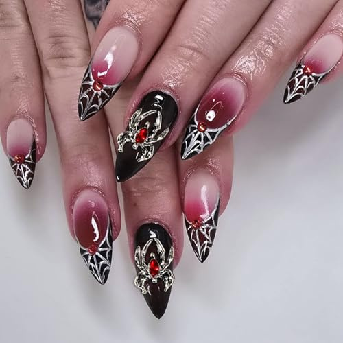 GlamRays 24 Stück Halloween Mittlere Mandelförmige Press On Nägel Tag der Toten Gradient Spinnennetz 3D Design Vollabdeckung Wiederverwendbar Für Frauen