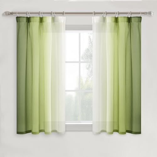 DWCN Olivergrün Gardinen Farbverlauf mit Kräuselband H145 x B140 cm 2er Set | Kurz Boho Vorhänge Transparent mit Schienensystem, Schiebevorhänge Luftig für Fenster Wohnzimmer Schlafzimmer Kinderzimmer
