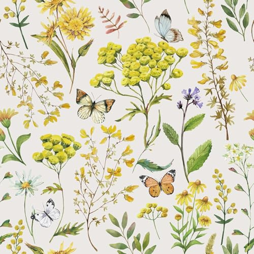 Decotalk Selbstklebende Tapete Gelbe Blumen Möbelfolie Schmetterling 44.5X300cm Klebetapete Selbstklebend Wand Gelbe Floral Klebefolie Möbel Muster Boho Floral Blumentapete Tapete Wasserdicht