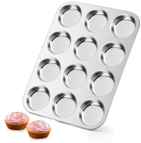 Onader Muffin Tin 12 Cup, Stainless Steel Shallow Yorkshire Pudding Tray, Great for Baking Mince Pie, Brownies, Egg Tart and Biscuit, Non-Toxic & Heavy Duty, Oven & Dishwasher Safe
