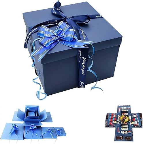 DIY Explosionsbox, 5-Lagige Überraschungsbox mit Band, Kreative Geschenkbox für Weihnachten, Geburtstag, Jubiläum, Valentinstag (Blau)