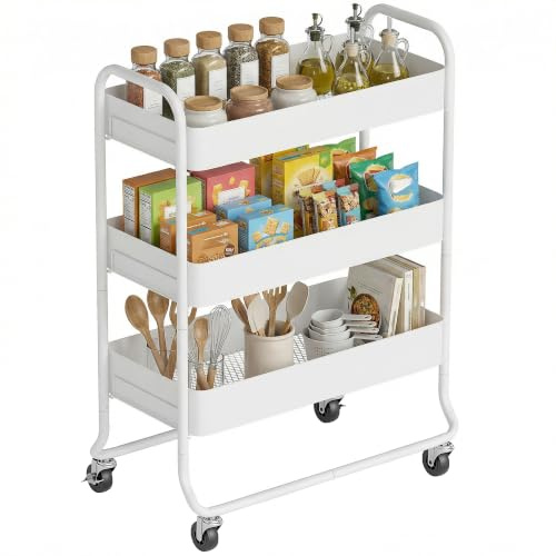 HOMCOM 3-Tier Storage Trolley auf Rädern, Rolling Utility Cart mit Mesh Backets, Mobile Storage Cart für Küche, Bad, Schlafzimmer, Weiß