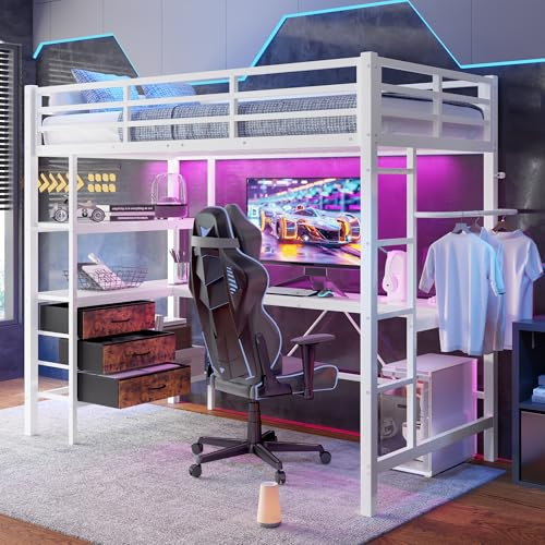 Lubvtti Letto a soppalco 90x200 con luci LED,scrivania,presa + USB,3 cassetti, ripiani,letto a castello per bambini con ringhiere,scale,struttura letto singolo,senza materasso (A-Bianco 90)