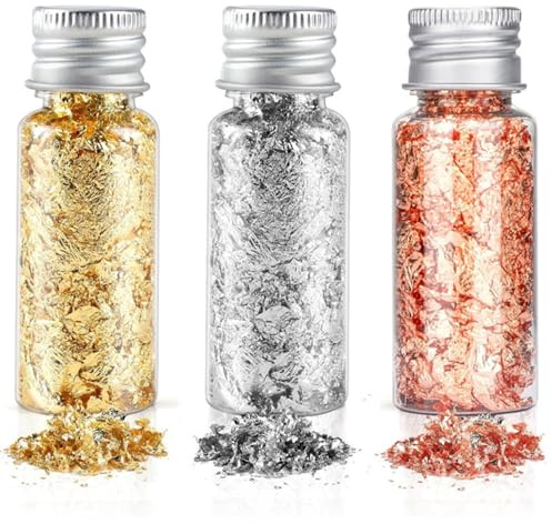 MVOLEGDE Blattgold zum Basteln,Set mit DREI Flaschen Metallic-Blattflocken zum Vergolden,Multifunktionale Dekorative Goldfolienpapierflaschen,für Die Malerei Malen Nagelkunst(Gold Silber Roségold)