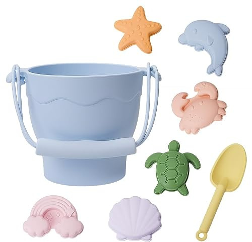 weibo - Set para Playa y Arena con Cubo, Pala y 6 Moldes Marinos de Silicona Flexible - Juguete Sensorial para Bebés Primeros Años - Juguetes para la Playa - Mordedores y Juguetes - Regalos