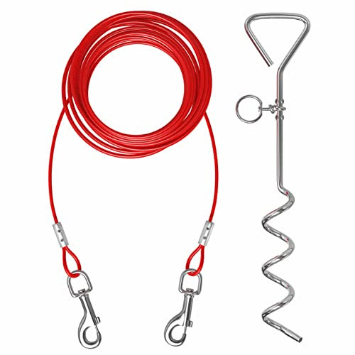 Petey's Pet Products 20ft Dog Tie Out Cable for Dogs, 16 Chrome Plated Anti Rust Stake, Great for Camping or the Garden, Suitable for Harness, Leash & Chain Attachments - (20ft)