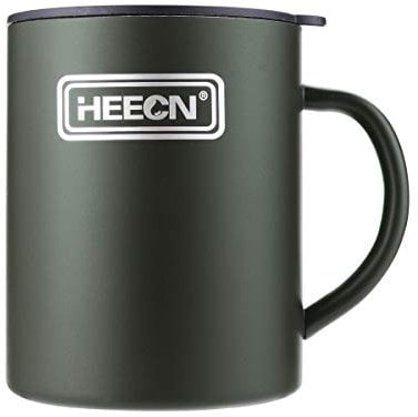 HEECN Camping Mugs - Double Walled Stainless Steel Mug for Hot Drinks with Lid - Army Green - Backpacking – Trekking – Hiking - HESS-038BG 16oz