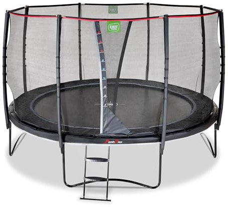EXIT Toys PeakPro Runde Trampolin - ø427cm - Mit Sicherheitsnetz, Sprungzähler und Trampolinleiter - Reflektierender Schutzrand - Mit Fußschutzsystem - Rostfrei - Für Kinder - Schwarz