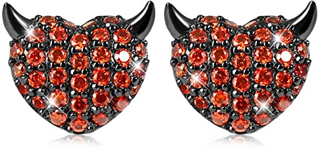 GNOCE Devil's Heart Ohrstecker 925 Sterling Silber Schwarz überzogene Teufelsherz Mode Ohrringe mit roten Steinen Halloween Geschenk für Frauen Mädchen Tochter