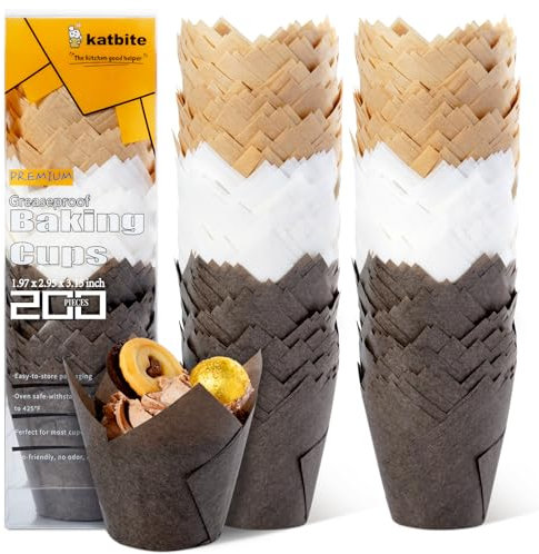 katbite Tulpen Muffinförmchen aus Papier, 200 Stück Cupcake Backbecher für Party Hochzeit Geburtstag, Muffinform in Weiß, Braun, Dunkelbraun