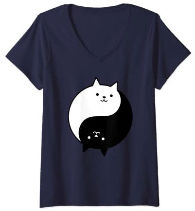 Femme Chat mignon Yin Yang Yoga Zen Kitty Noir et Blanc T-Shirt avec Col en V