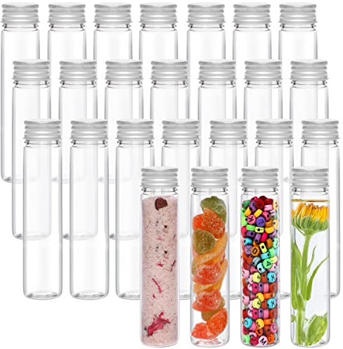 Kurtzy Tubes à Essai Plastique Transparent avec Bouchon à Vis et Brosse de Nettoyage (25 Pcs) 75 ML - Eprouvettes Réutilisables TranspAarentes pour Bonbons, Fêtes, Liquide, Sel de Bains et Perles
