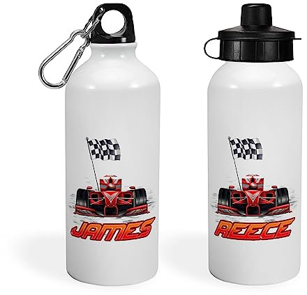 Print Maniacs Personalised Water Bottle School Sport Cap Drink White Silver 600ml or 400ml Aluminium Kid Boys Girls Biking Gift Racing Car (White, 600ml)