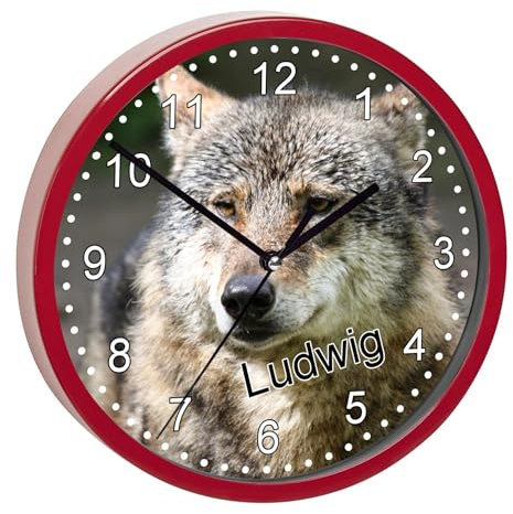 CreaDesign, Wanduhr Kinder personalisiert mit Name, Motiv Wolf, Rahmen Wanduhr rot, Ø 19,5 cm