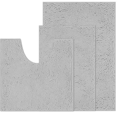 RUN HELIX Chenille Bath Mat, Non Slip Extra Soft Bath Toilet Mat 3 Pieces, Super Absorbent Bath Rug for Bathroom, Bedroom, Shower and Tub, Washable Quick Drying Bathroom Mat Light Grey