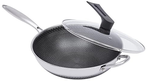 kangten Wok Sartén Wok con tapa, acero inoxidable de 12 pulgadas, wok con revestimiento de panal, wok antiadherente con tapa, juego de wok de inducción