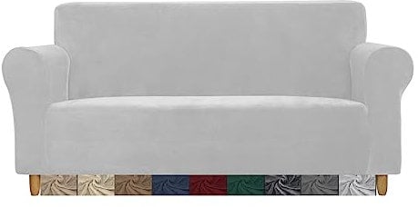 CMAKER Samt-Sofabezug, Couchbezug, 3-Sitzer, Stretch-Couchbezug mit rutschfester, elastischer Unterseite, Möbelschutz, Sofa-Schonbezüge Couchbezug für Haustiere (3-Sitzer, Hellgrau)