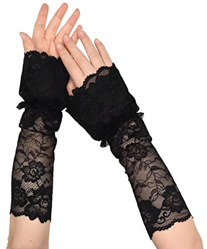 TeeYee Damen Spitze Armstulpen Abnehmbarer Spitze Armband Fingerlos Handschuhen Mesh Spitze Knigge für Hochzeit Braut 118schwarz