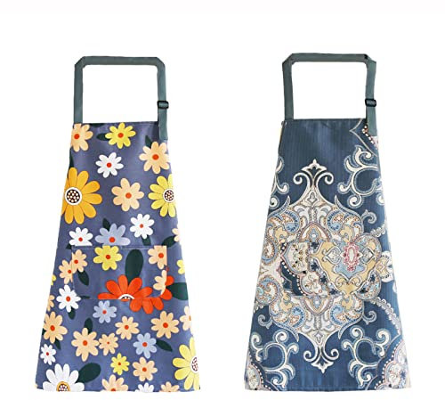 HNJKJEU 2 Stücke Blumen Schürze Kochschürze mit Taschen, Küchenschürzen für Frauen Damen Chef Küchenschürzen Latzschürze Verstellbar Nackenband Schürze für Kochen Backen Malen Hausarbeiten
