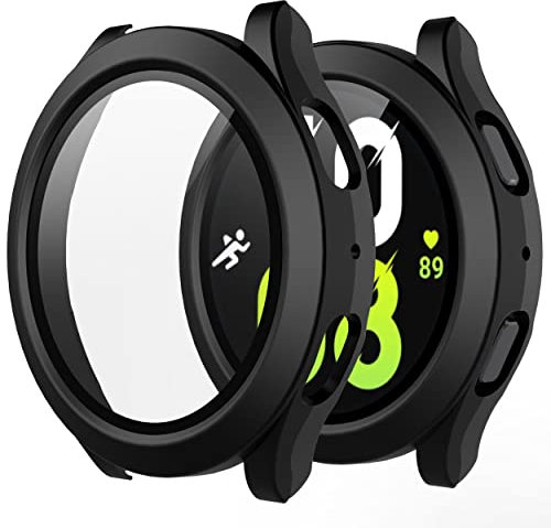 Misxi 2 Stück Hard PC Schutzhülle Hülle mit Gehärtetem Glas Kompatibel mit Samsung Galaxy Watch 5 Galaxy Watch 4 44mm, Rundum Case Schutz mit Displayschutzfolie für Galaxy Watch5/4, Schwarz